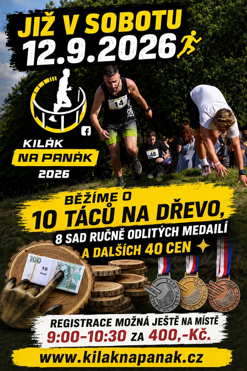 KILÁK NA PANÁK 2026 – již v sobotu 12. 9. 2026, běžíme o 10 táců na dřevo, registrace možná ještě na místě 9:00–10:30 za 400 Kč