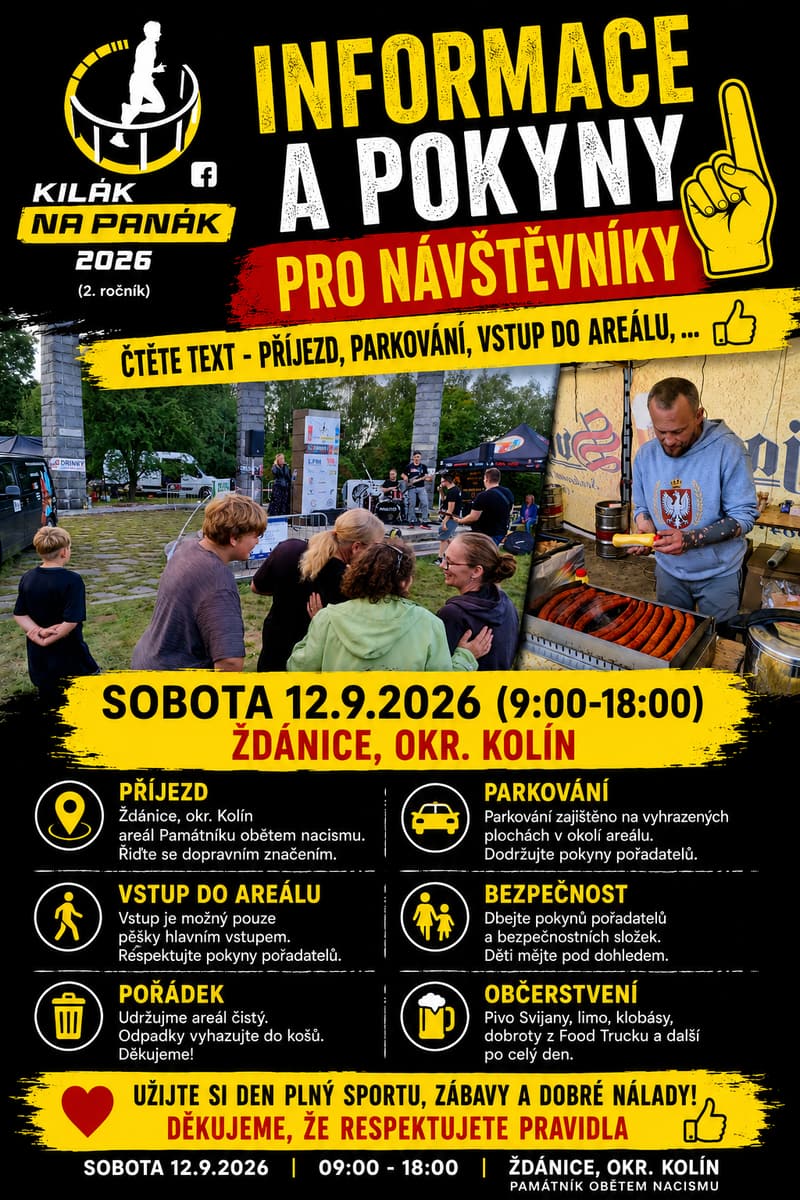 Informace a pokyny pro návštěvníky – příjezd, parkování, vstup do areálu, KILÁK NA PANÁK 2026, sobota 12. 9. 2026, Ždánice, okr. Kolín